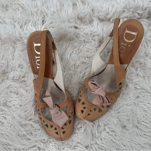 Vintage Christian Dior Tan and Pink Heels with Ribbon Bow - Picture 1 of 14